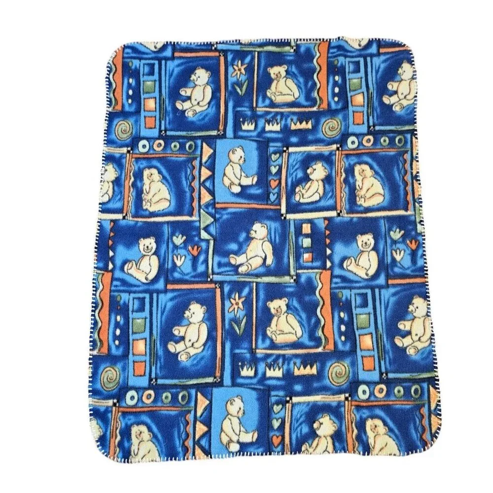Vintage Y2K‎ Blue Teddy Bear Fleece Baby Blanket Patchwork Thin 29 X 38